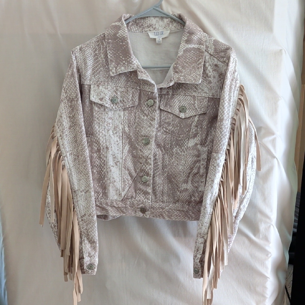 Peach Love California Cream Snake Print Fringe Jean Jacket